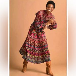 Anthropologie Tiered High Neck Colorful Boho Midi Dress